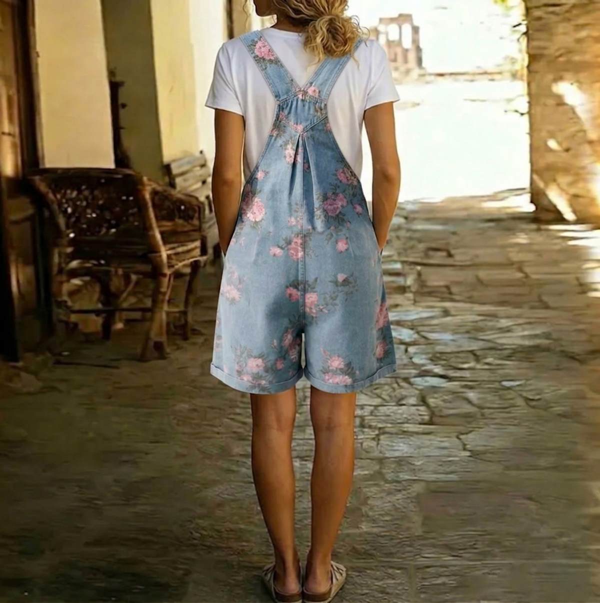 Judy | Vintage soft cotton denim floral jumpsuit jacket
