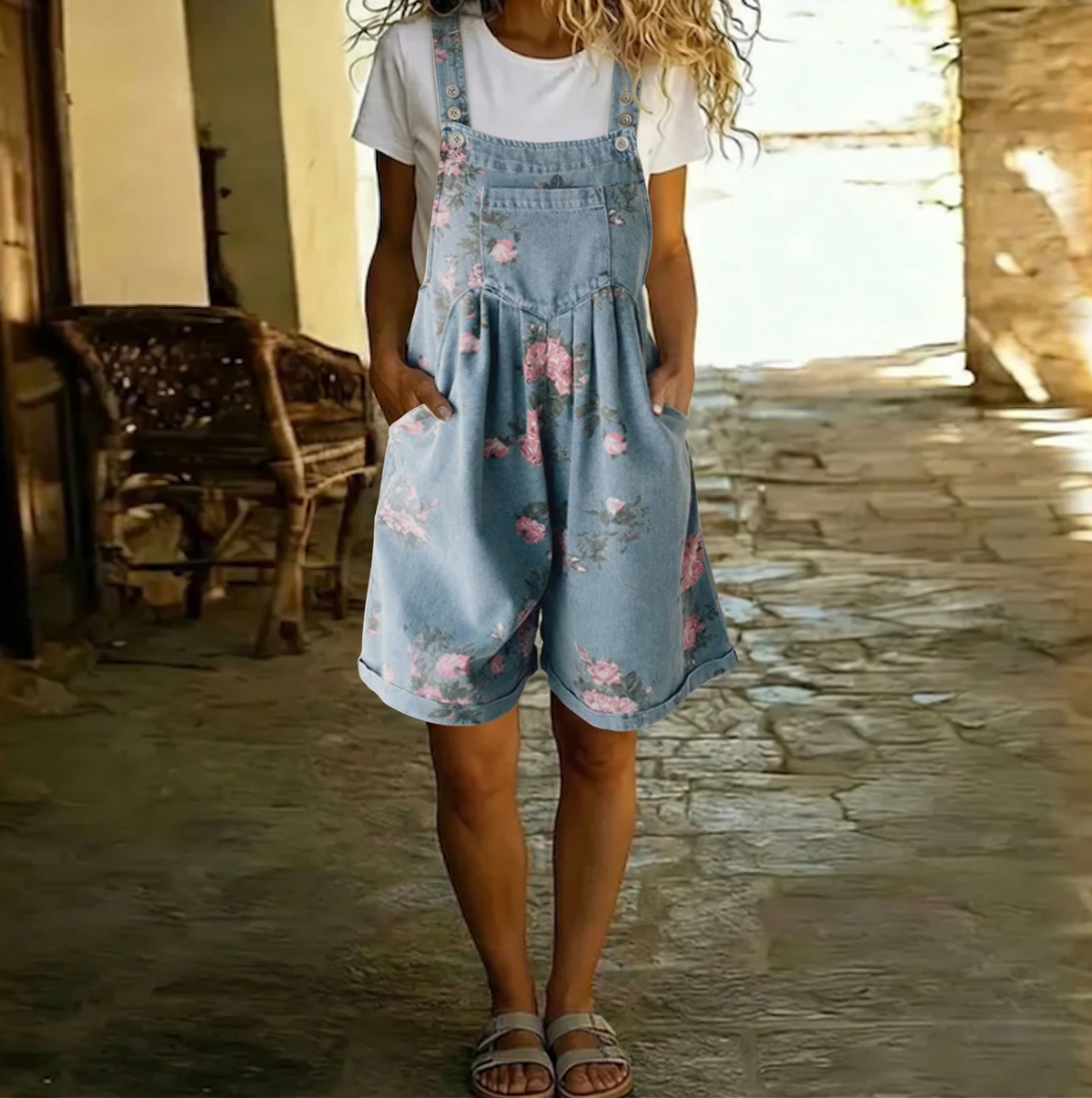 Judy | Vintage soft cotton denim floral jumpsuit jacket