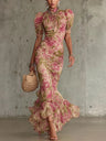Vintage Rose Print Maxi Dress With Puff Sleeves (Accessories not included)