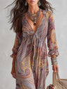 Paisley Print V-neck Gathered Chiffon Maxi Dress